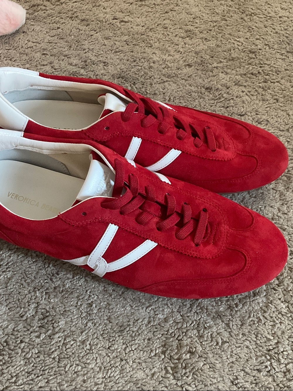 Veronica Beard Red Suede Sneakers with White Stripes - Picture 7 of 7